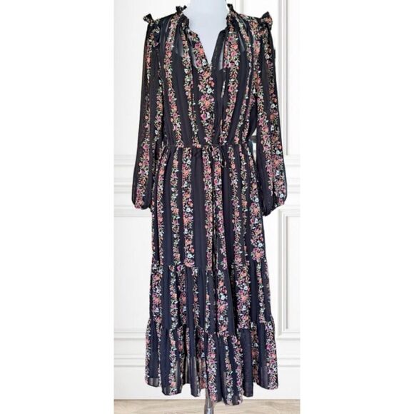 JULIA JORDAN Floral Stripe Print Ruffle-Trim Pleated Drawstring Dress Size 4 - Picture 4 of 9